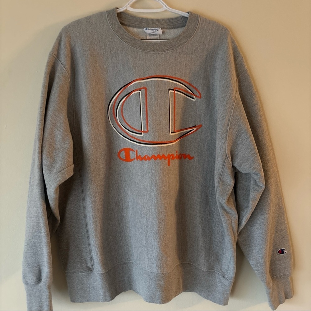 Champion Gray Crewneck Sweater with Orange Logo